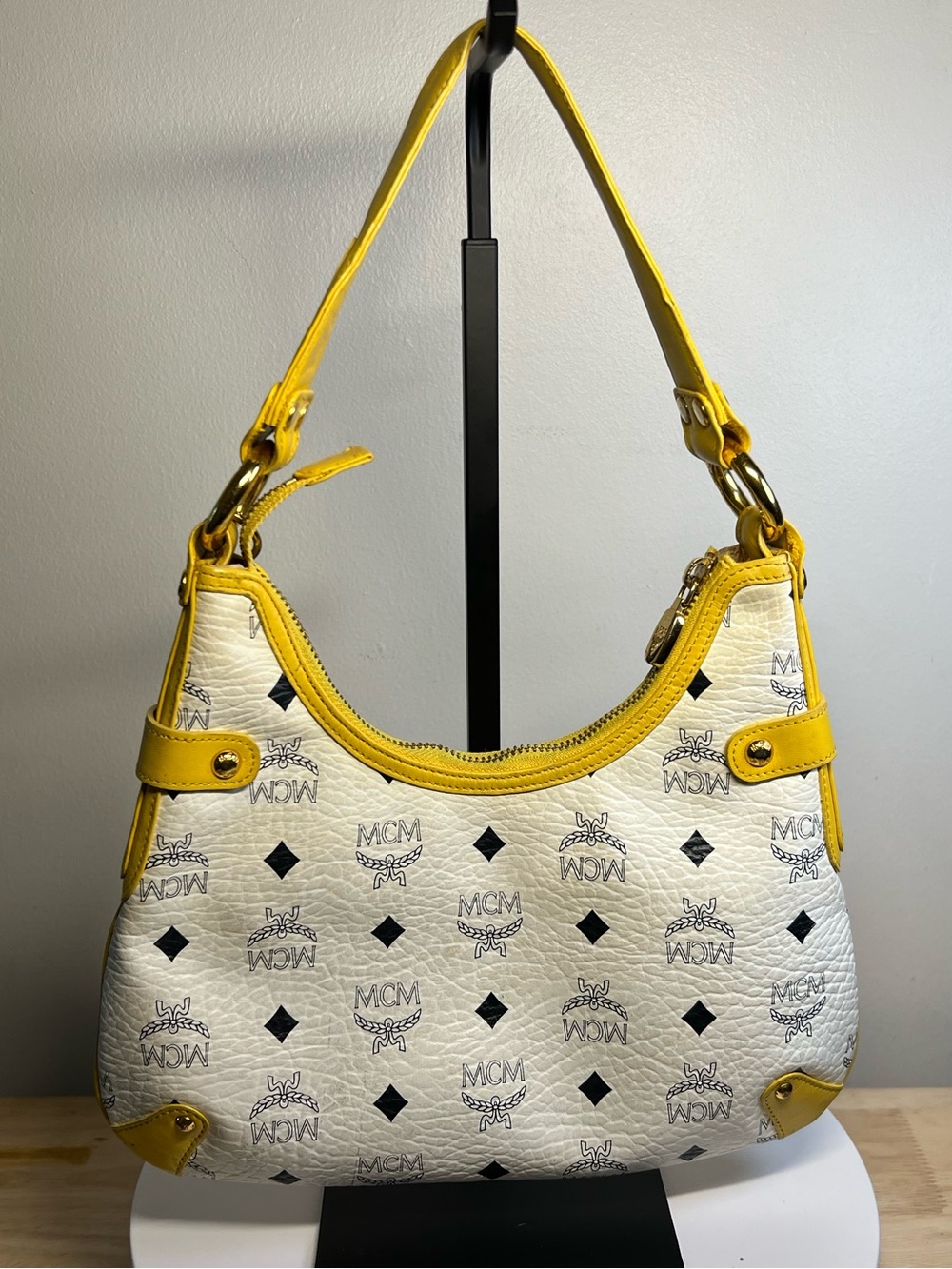 MCM White & Yellow Logo Hobo Shoulder Bag EUC - Picture 6 of 9